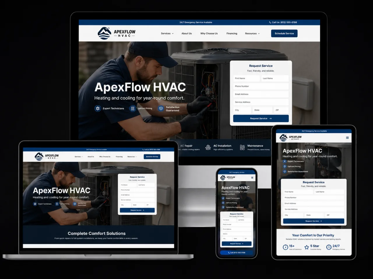 ApexFlow HVAC website, shown on desktop, laptop, tablet, and phone