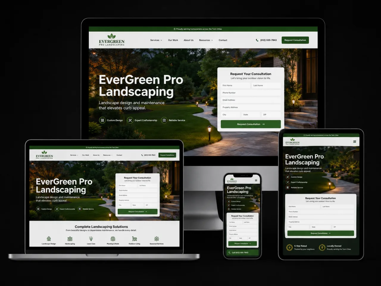 EverGreen Pro Landscaping website, shown on desktop, laptop, tablet, and phone