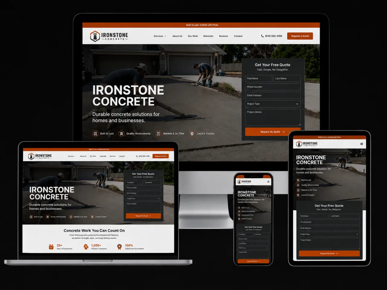 IronStone Concrete website, shown on desktop, laptop, tablet, and phone