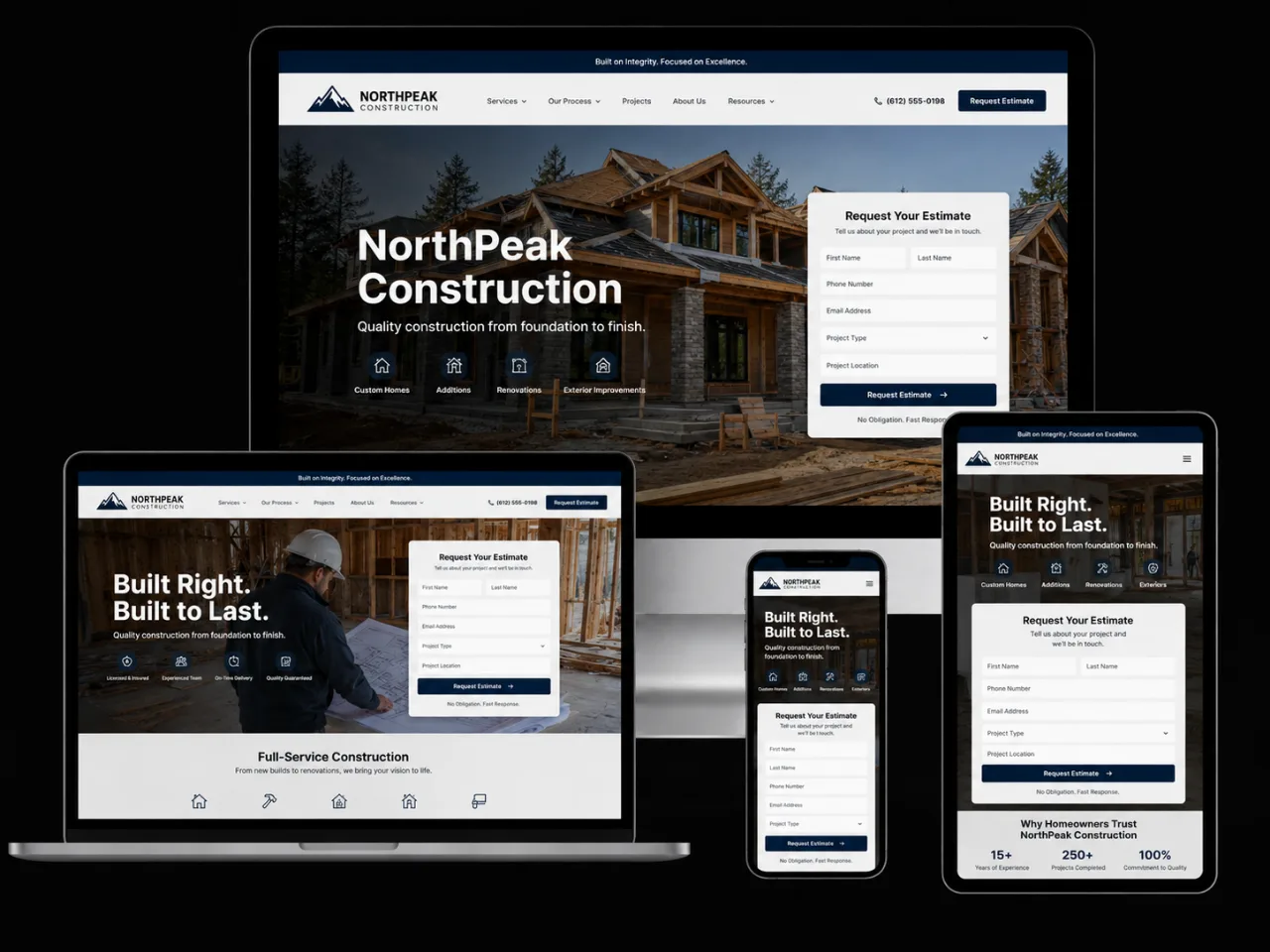 NorthPeak Construction website, shown on desktop, laptop, tablet, and phone