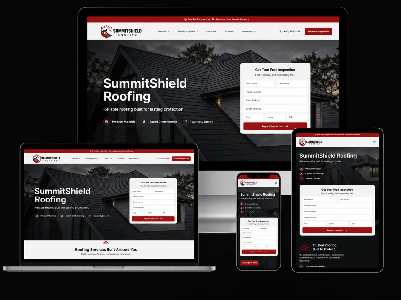 SummitShield Roofing website, shown on desktop, laptop, tablet, and phone